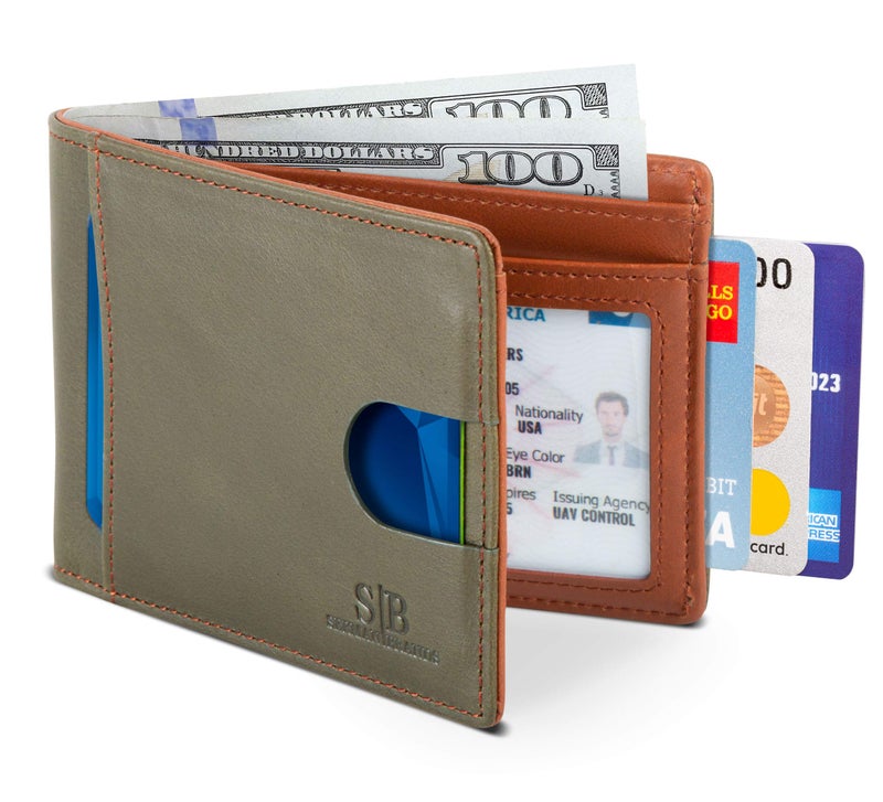SERMAN BRANDS RFID Blocking Slim Bifold Genuine Leather Thin Minimalist Front Pocket Wallets for Men Billfold Wallet Men Gift (Salted Green 2.0) - Image 1